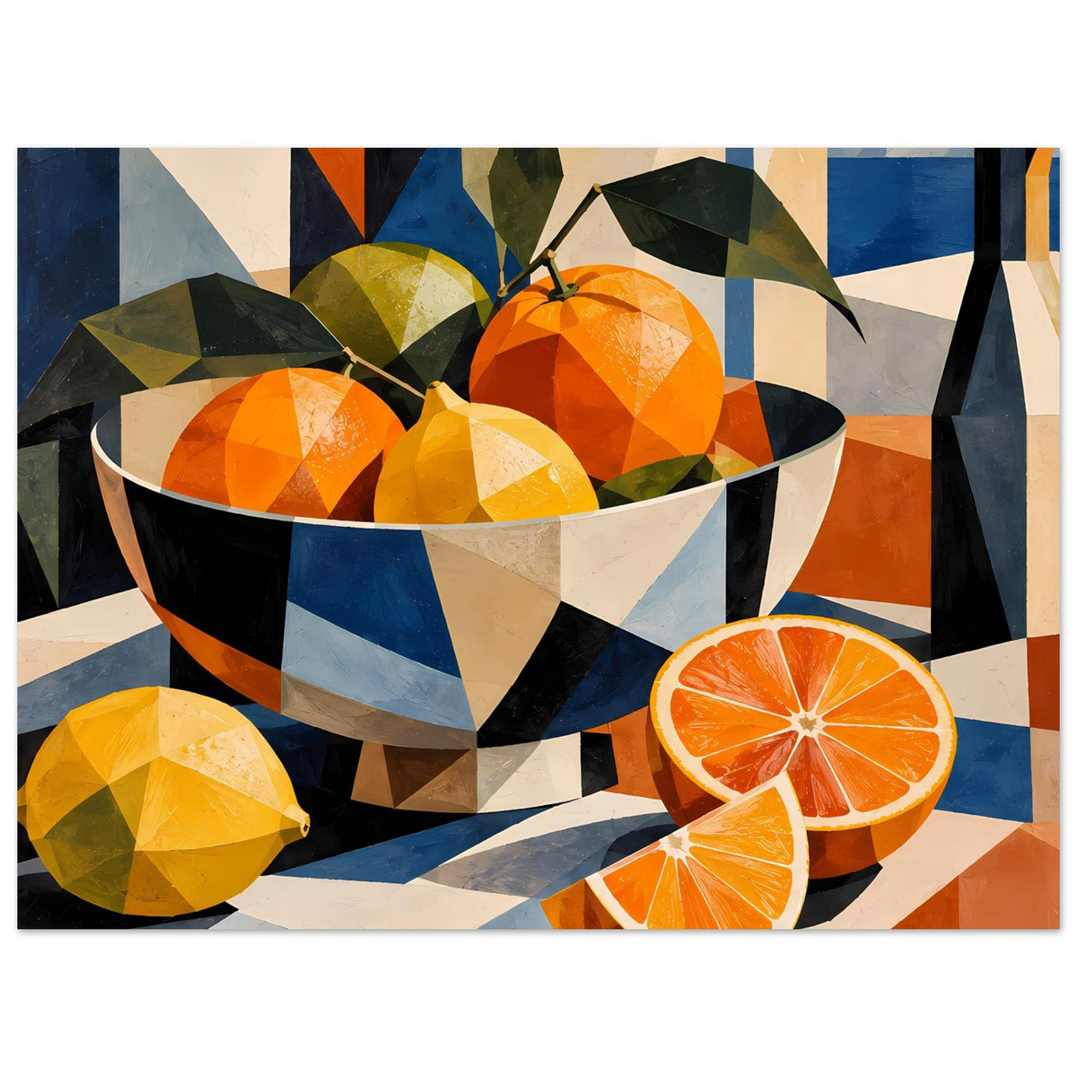 Poster mit Zitrusstillleben: Schüssel mit Orangen und gelber Zitrone, Orangenscheiben vorne