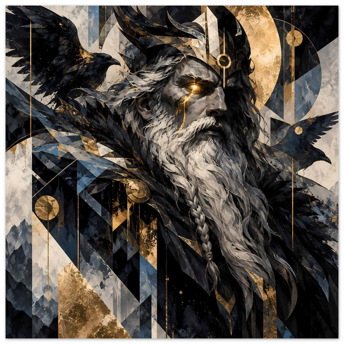 Poster mit Odin-Gesicht: goldfarbenes Auge, grauer Bart, Flügelornament und dunkle Federn