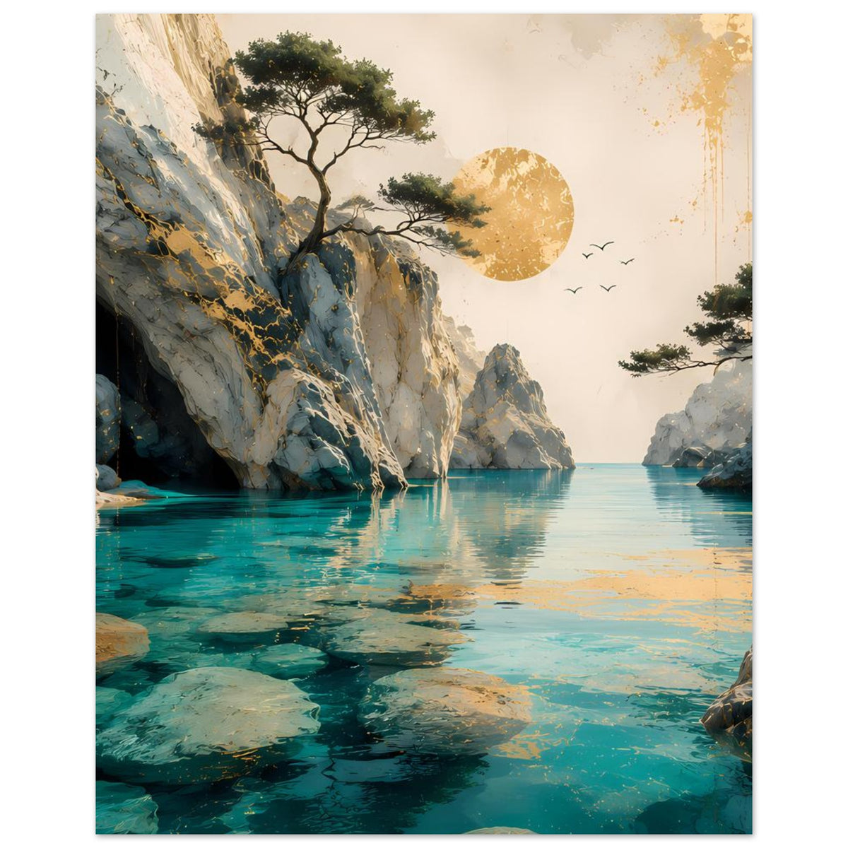 Landschaftsposter (vertikal) mit Felsen, klarem Wasser, Baum am Ufer und goldener Sonne im Himmel