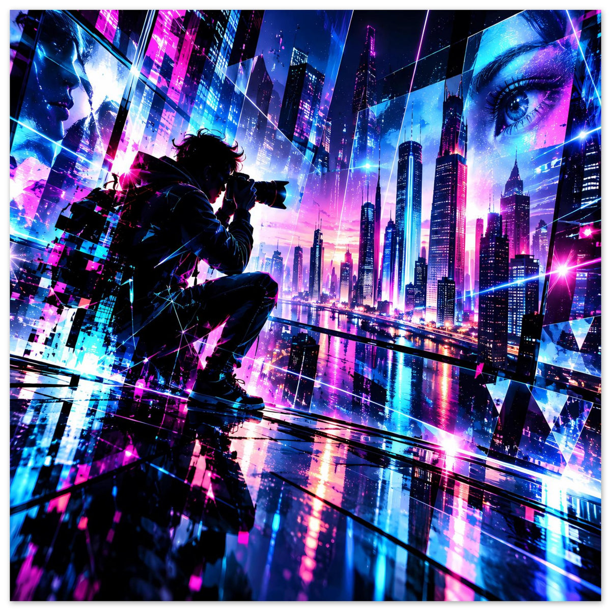 Poster mit Neonstadt, Silhouettenfigur am Geländer und Großauge im Hintergrund