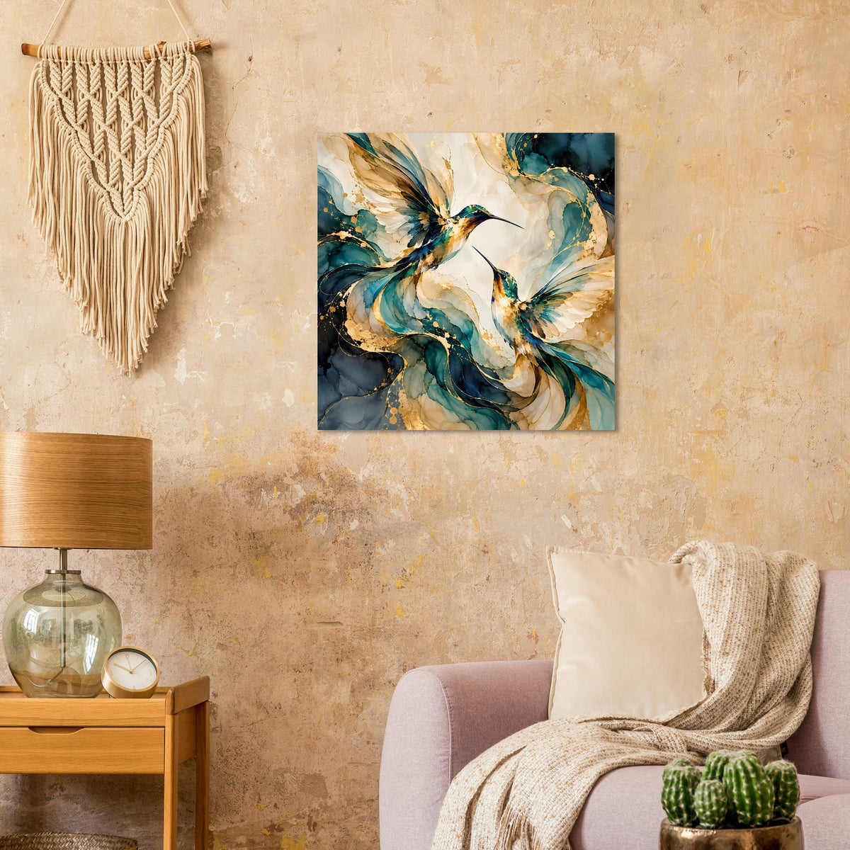 Quadratisches Vogelposter mit zwei Kolibris in Blau und Gold, beiger Farbverlauf