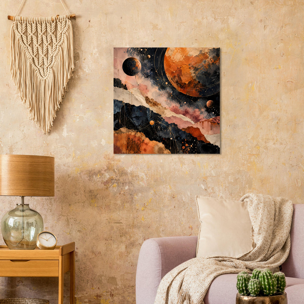 Quadratischer Kunstdruck: abstraktes kosmisches Motiv mit warmen Erdtönen, gerahmt