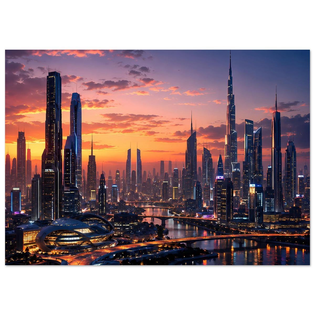 Poster mit Skyline bei Sonnenuntergang, Querformat, gerahmter Druck