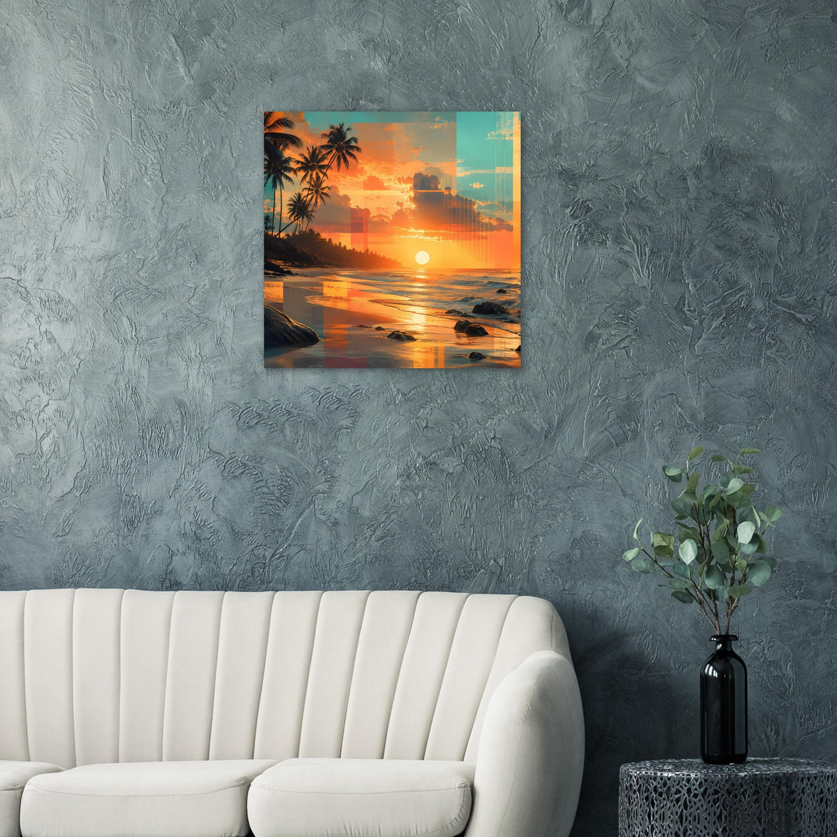 Poster mit Sonnenuntergang am Strand, Palmen und sonnenstrahlendem Horizont