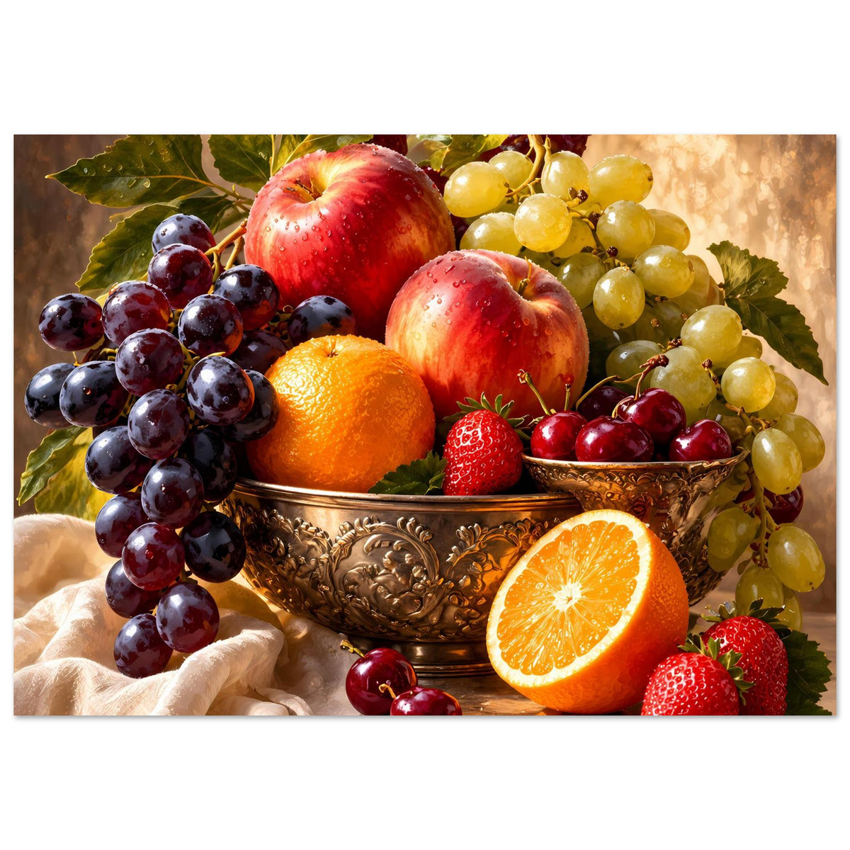 Obst-Stillleben-Poster: Kupferschale mit Äpfeln, Trauben, Kirschen, Erdbeeren und Orangenscheibe