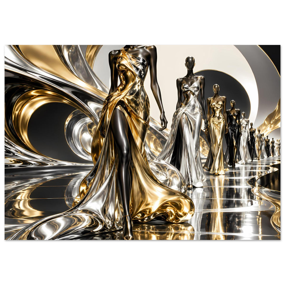 Poster mit gold- und silberfarbenen Skulpturen, Panoramaansicht mit Figurenreihe