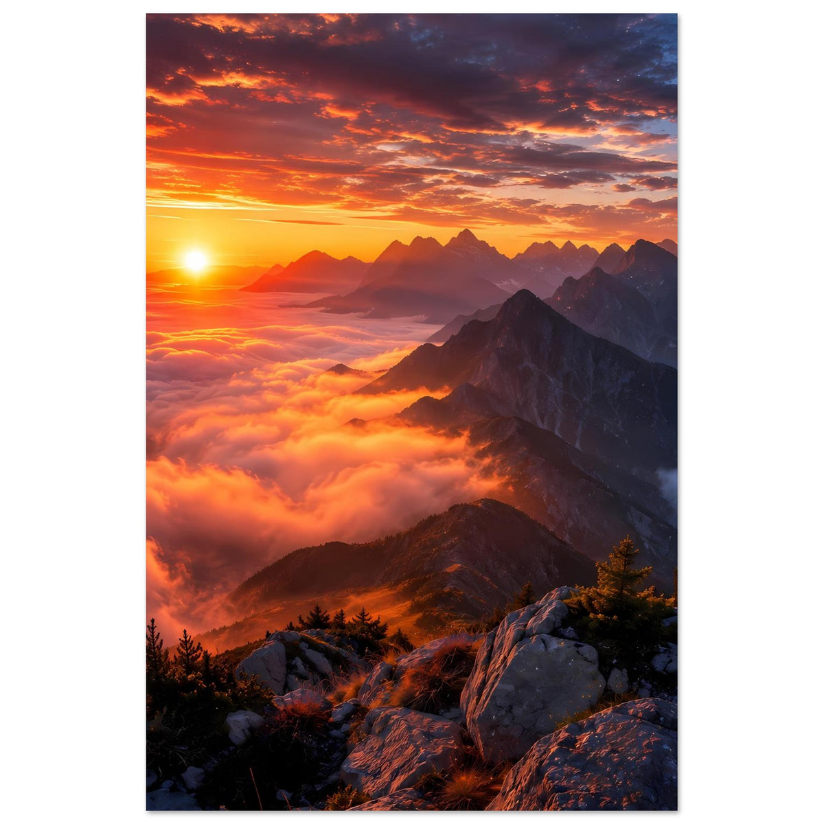 Wandposter mit Bergkulisse im Sonnenuntergang, Sonne links, Berge über Wolken, Hochformat.