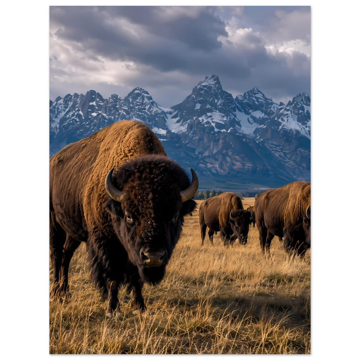 Poster mit Bisonherde: braunes Vorderexemplar im Fokus, mehrere Tiere im Hintergrund