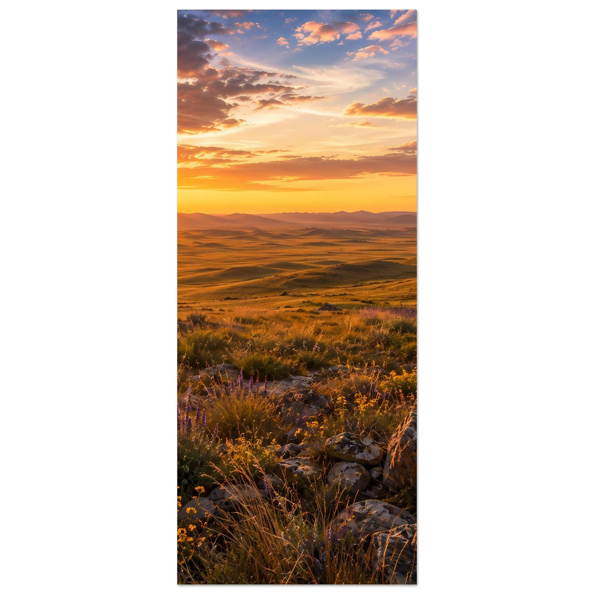 Landschaftsposter im Hochformat: Sonnenaufgang über Ebenen, Felsen, Gräser und Wildblumen
