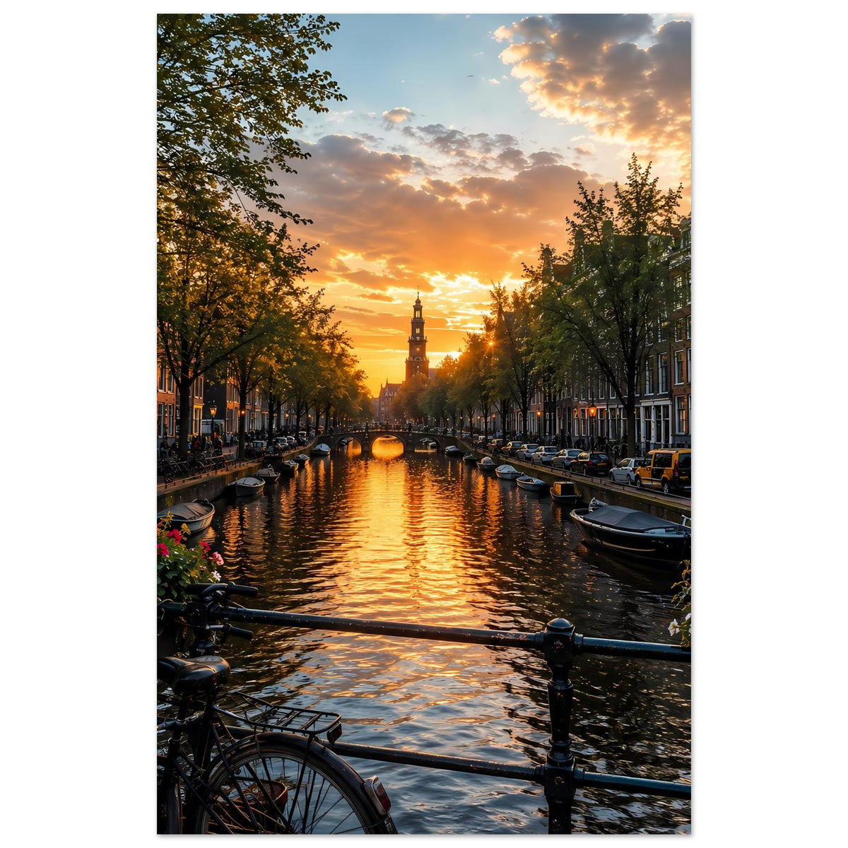 Poster mit Kanal bei goldenem Licht, Uferhäusern, Booten und Blumen links unten.