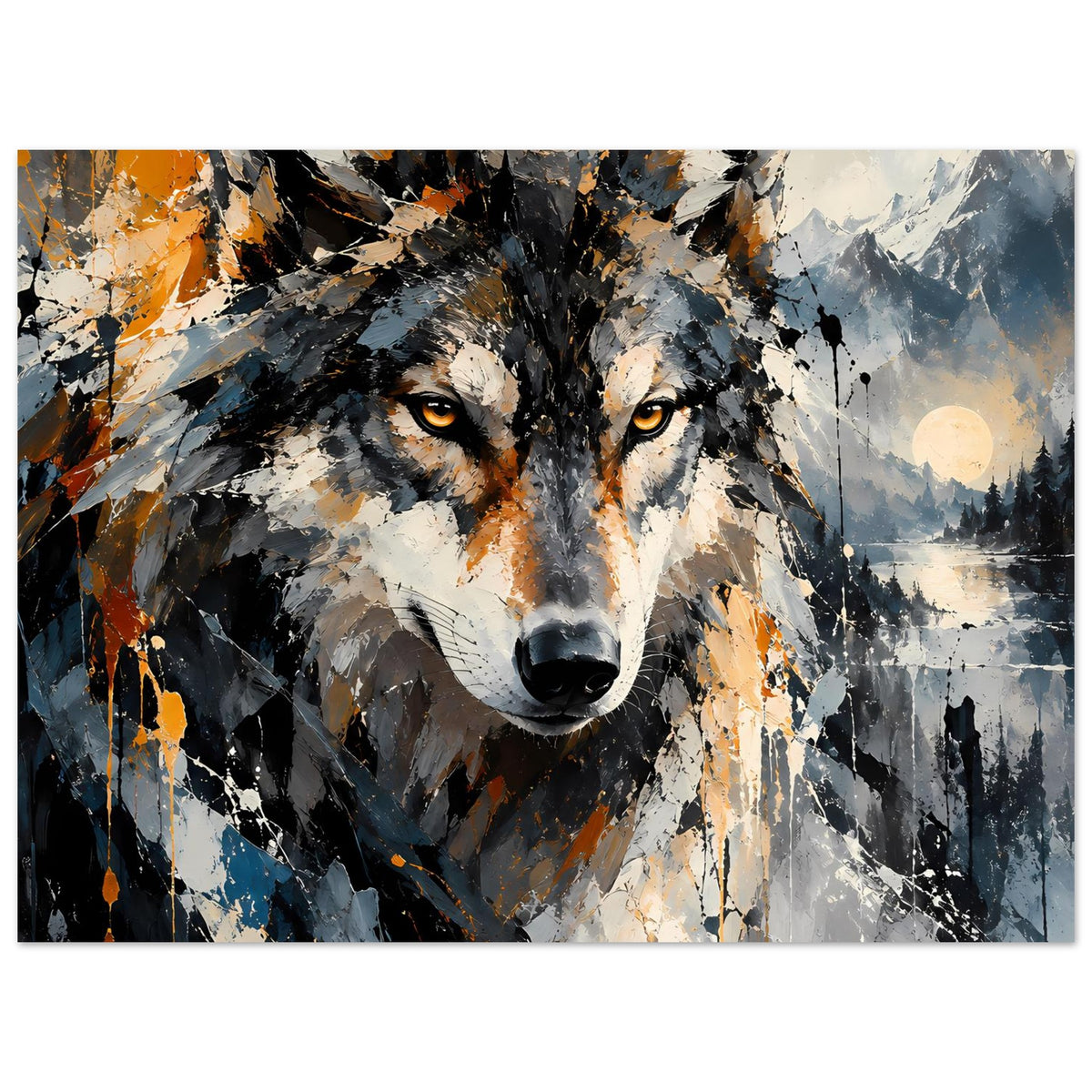 Abstraktes Wolfsposter im Querformat: kontrastreiche Felltextur in Grau/Orange und weiße Highlights