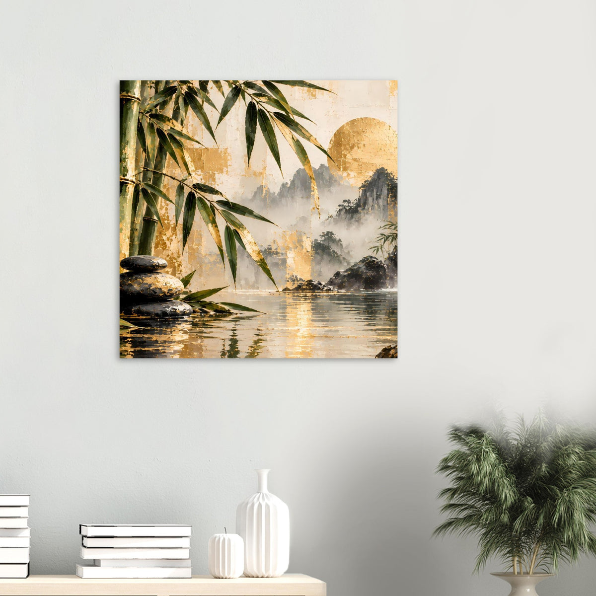 Quadratisches Poster: Bambus am Ufer, Wasserfall mit goldenem Lichtkreis und Felsen im Wasser
