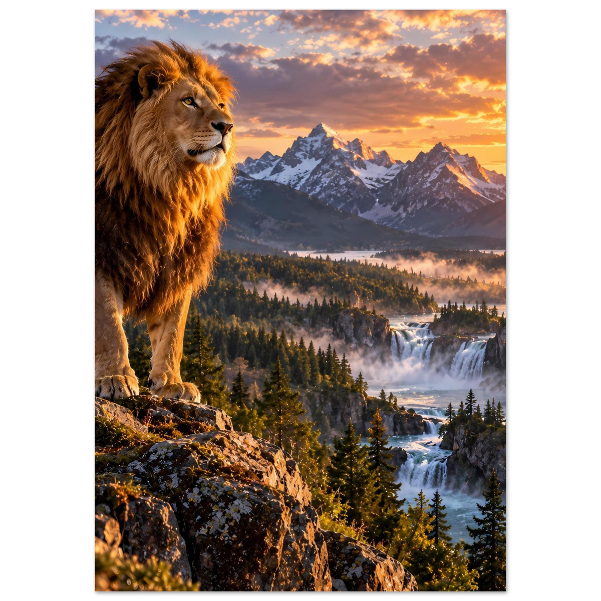 Poster im Hochformat: Löwe am Felsvorsprung vor Berglandschaft bei Sonnenaufgang