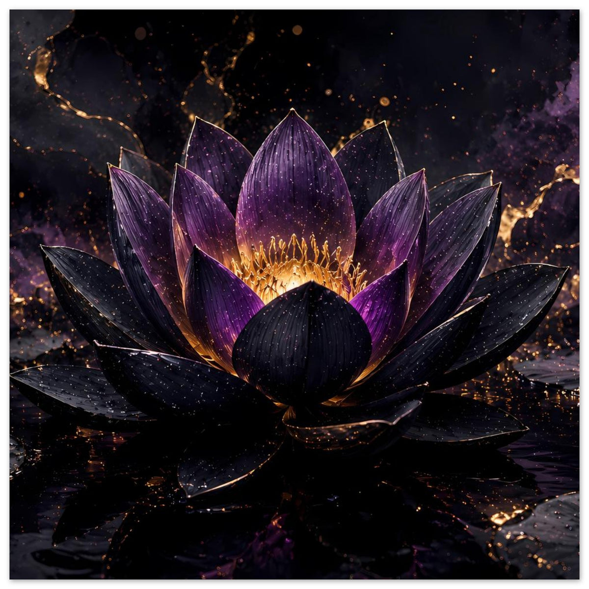 Lotusblüten-Poster mit detailreicher violetter Blume und goldener Mitte im Dunkelton