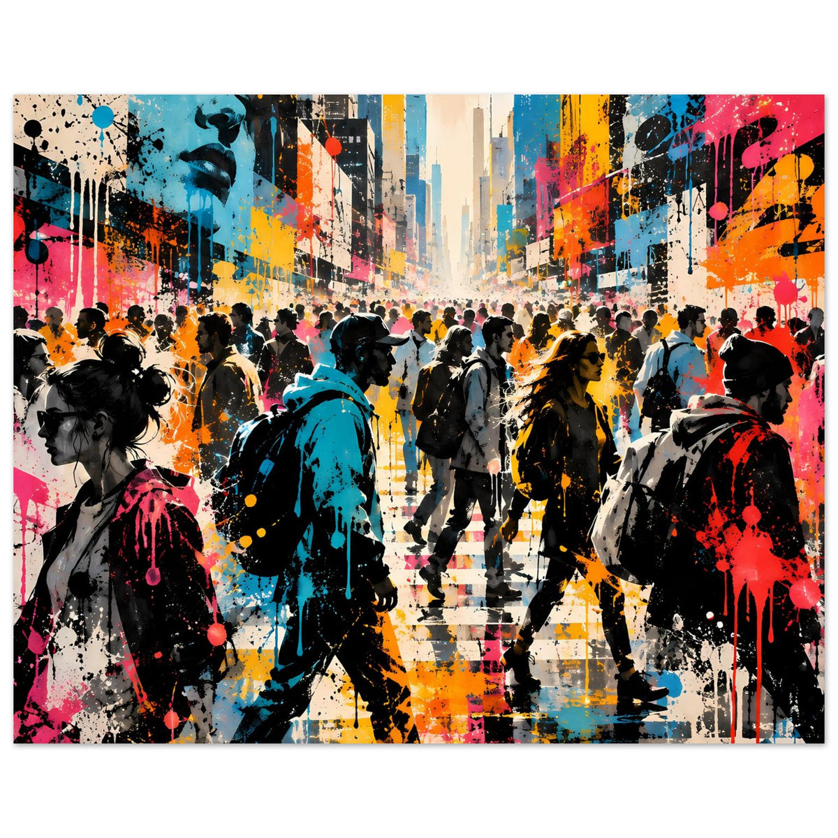 Street-Art-Poster im Querformat: farbenfrohe City-Szene mit Gehenden, Sprühfarbe & Spritzer