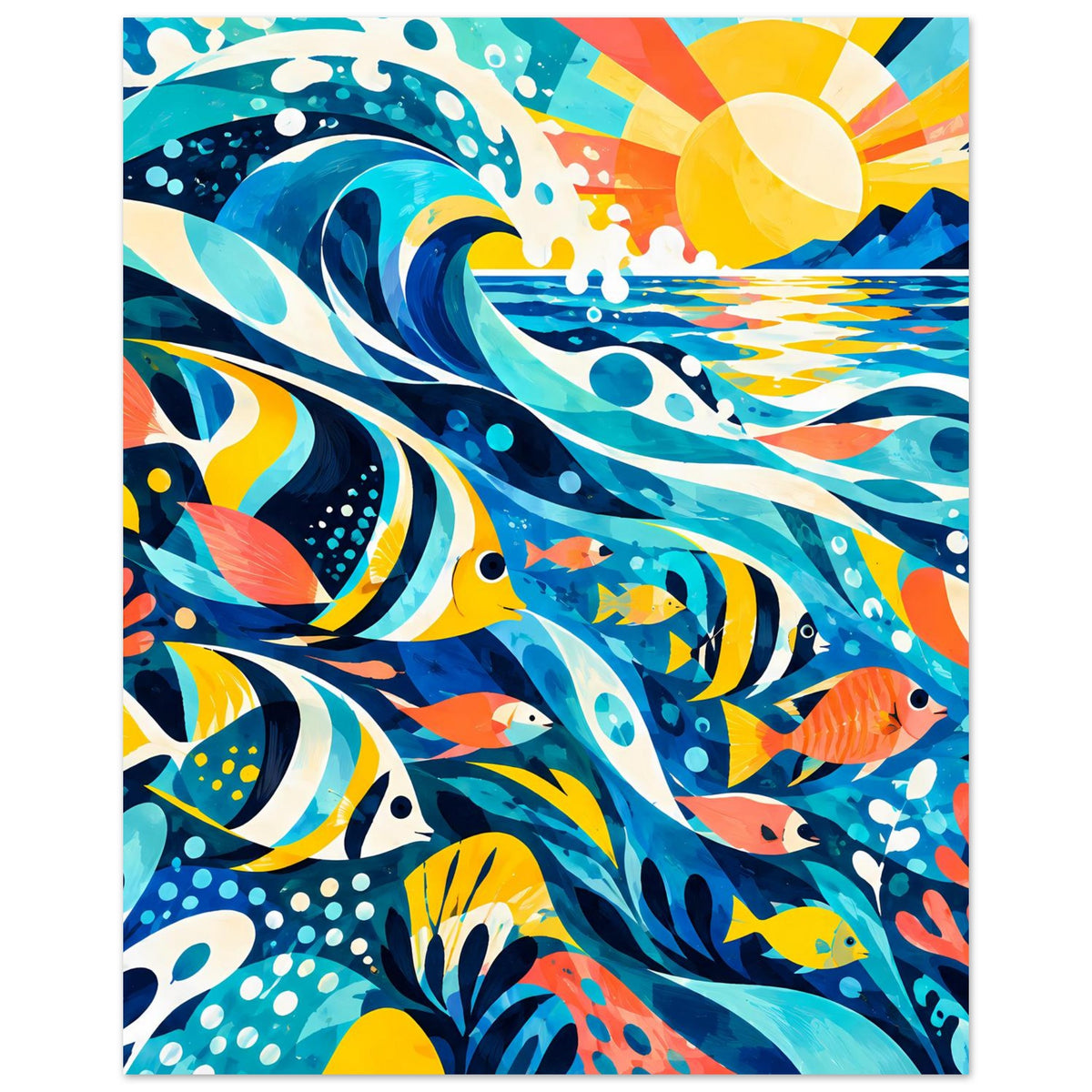 Tropisches Ozean-Poster mit Fischen, Wellen und Sonne im Hochformat