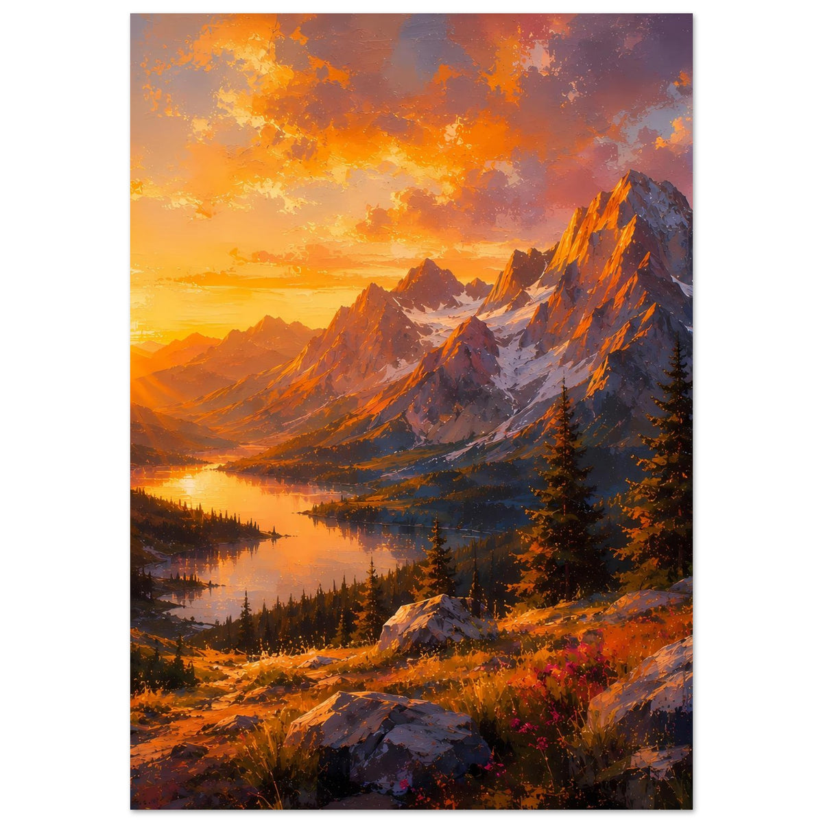 Landschaftsposter mit warmem Abendhimmel, Bergkette, Fluss und Tannen
