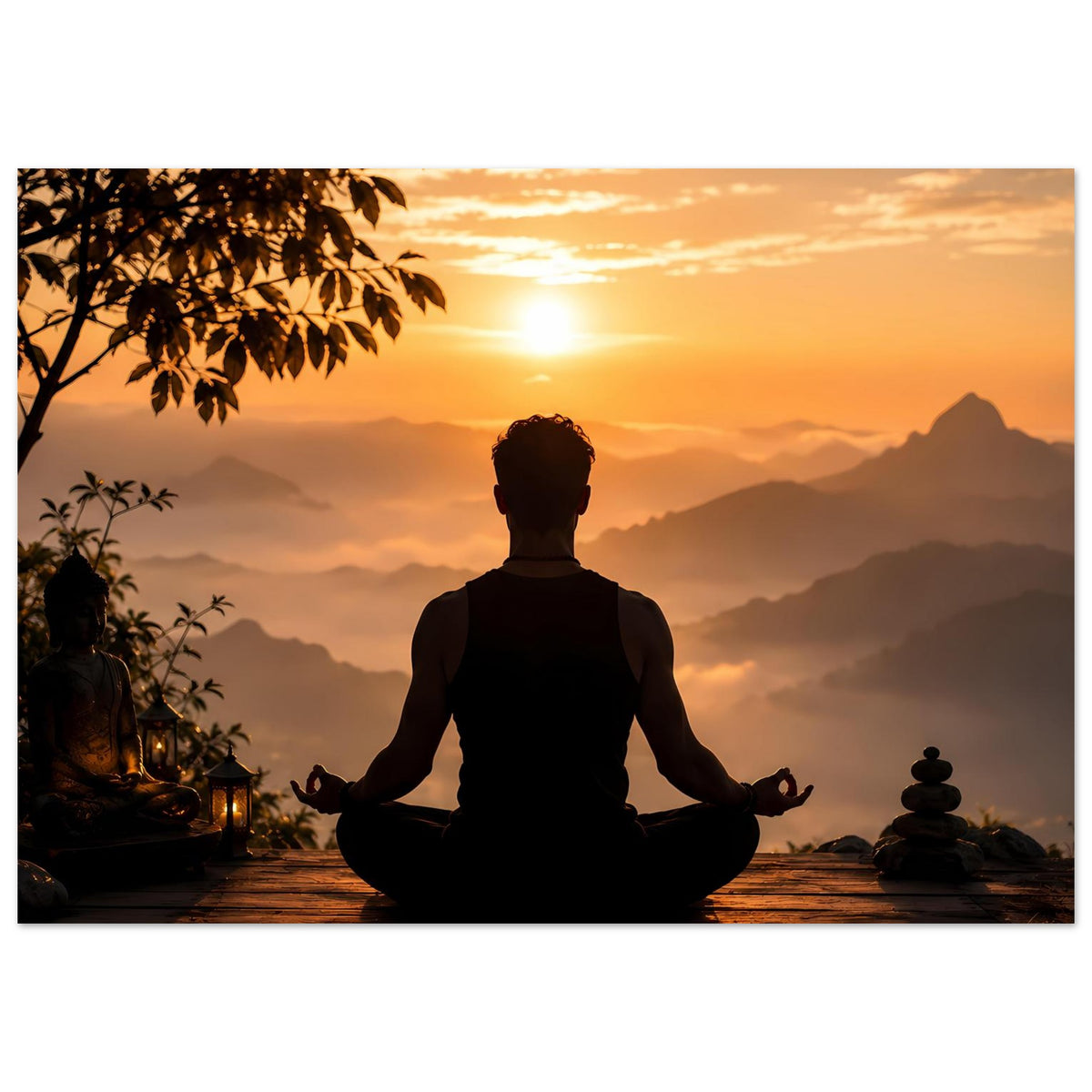 Meditationsposter, Silhouette im Lotussitz mit ruhiger Abendsonne und Bergsilhouetten