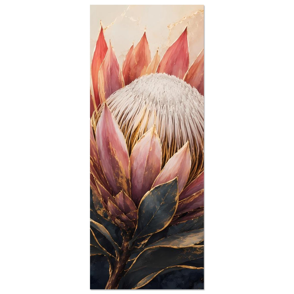 Botanisches Poster mit Königsprotea in Altrosa und Gold, Hochformat-Ausschnitt mit Blütenkopf