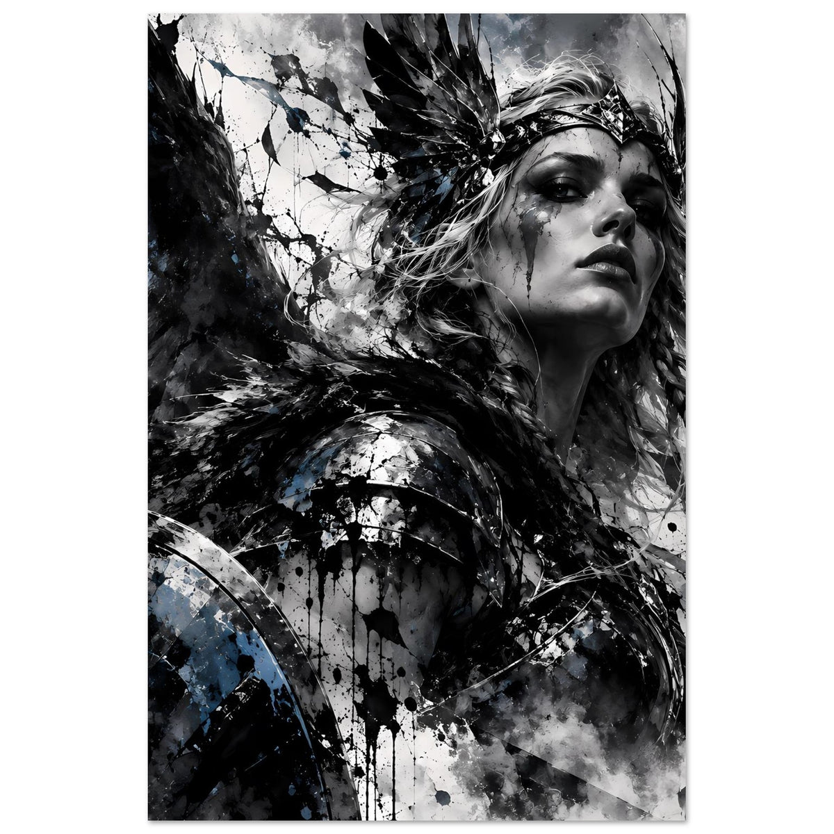 Poster mit Wikingerkriegerin in Schwarz-Weiß mit blauen Akzenten, Schildrand im Vordergrund