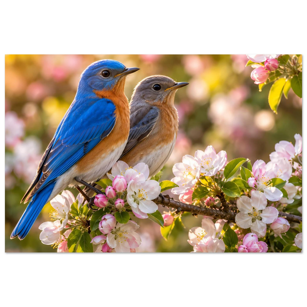 Vogelmotiv-Poster: zwei Vögel auf blühendem Ast, rosa und weiße Blüten