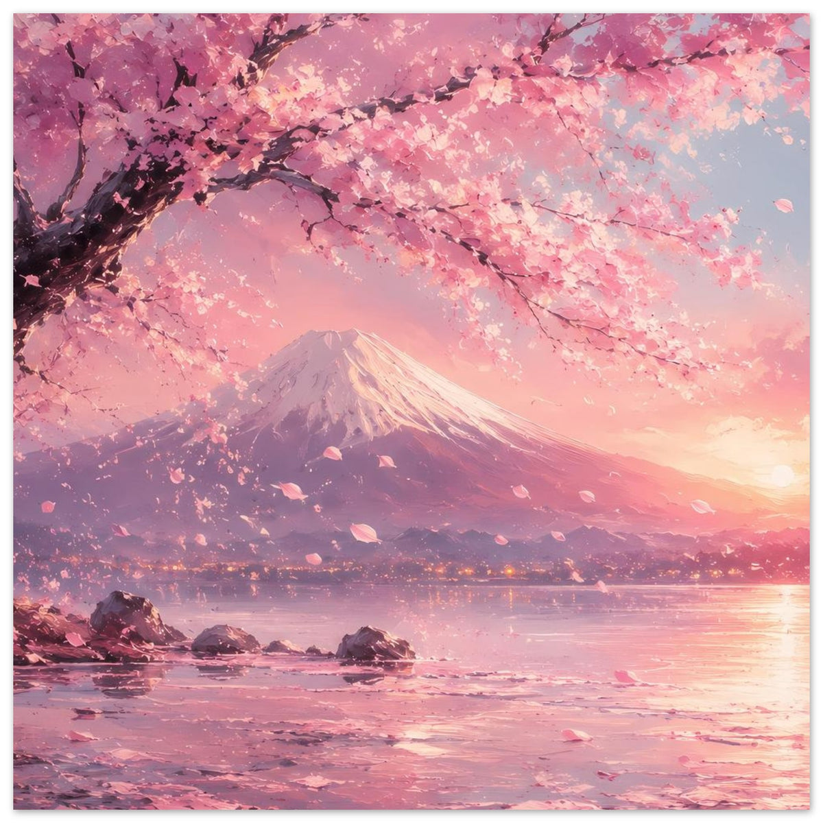 Poster mit Kirschblütenzweigen, Fuji und rosafarbenem See bei Abendlicht, klare Komposition.