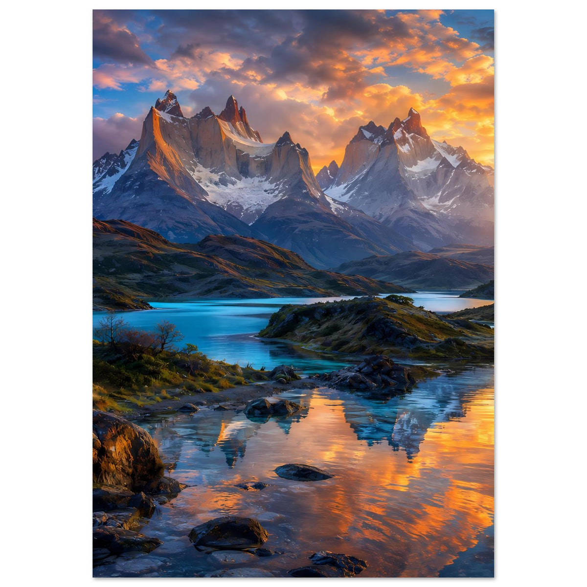 Poster im Hochformat mit Berglandschaft bei Sonnenuntergang, Wasserlauf und Felsen