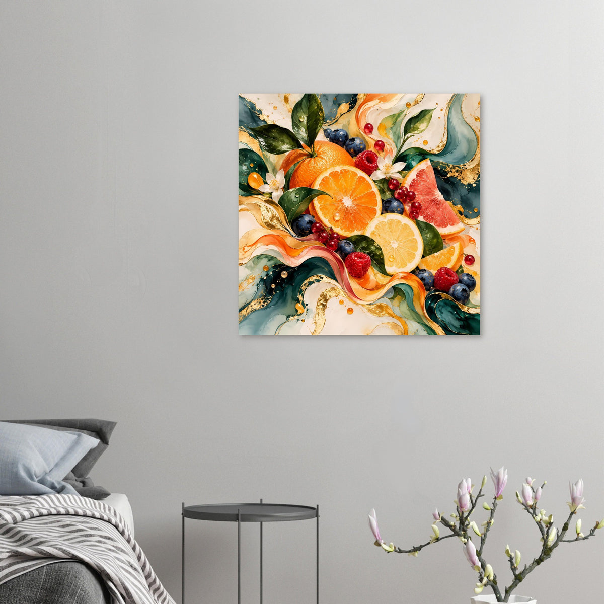 Luxuriöses Premium-Poster mit Obstmix: Orange, Grapefruit, Beeren und dekorativen Blättern