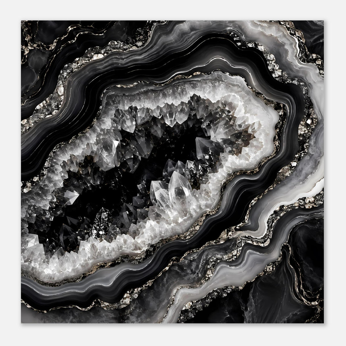 Quadratisches Geoden-Poster mit schwarz-weißer Kristallstruktur und grauen, wellenförmigen Bändern