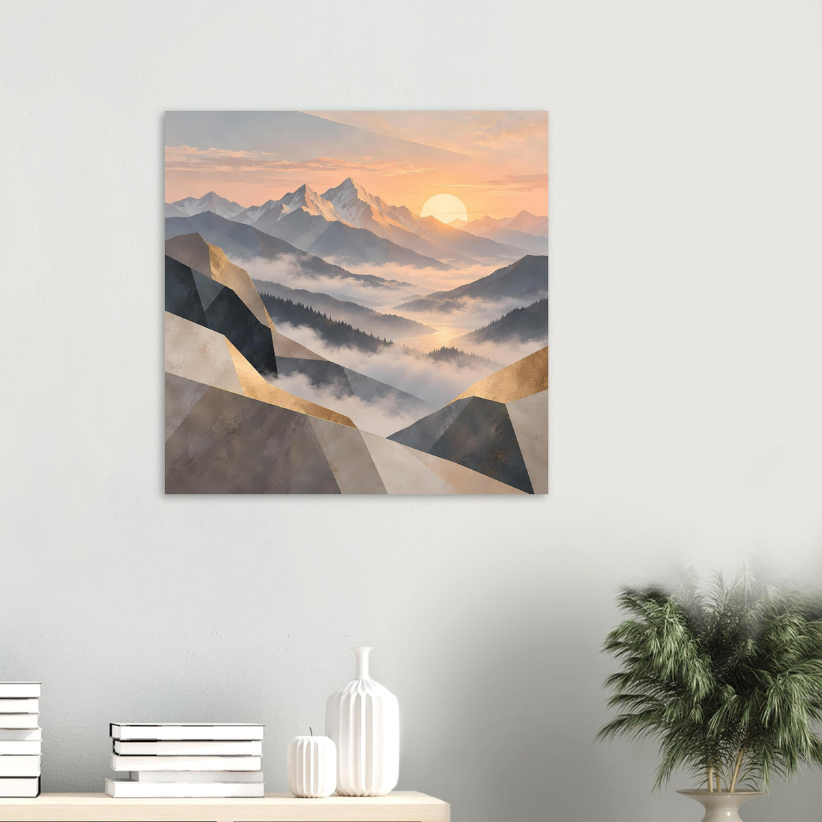 Quadratisches Wandposter mit Bergsonnenaufgang in Pastellfarben und goldenen Akzenten