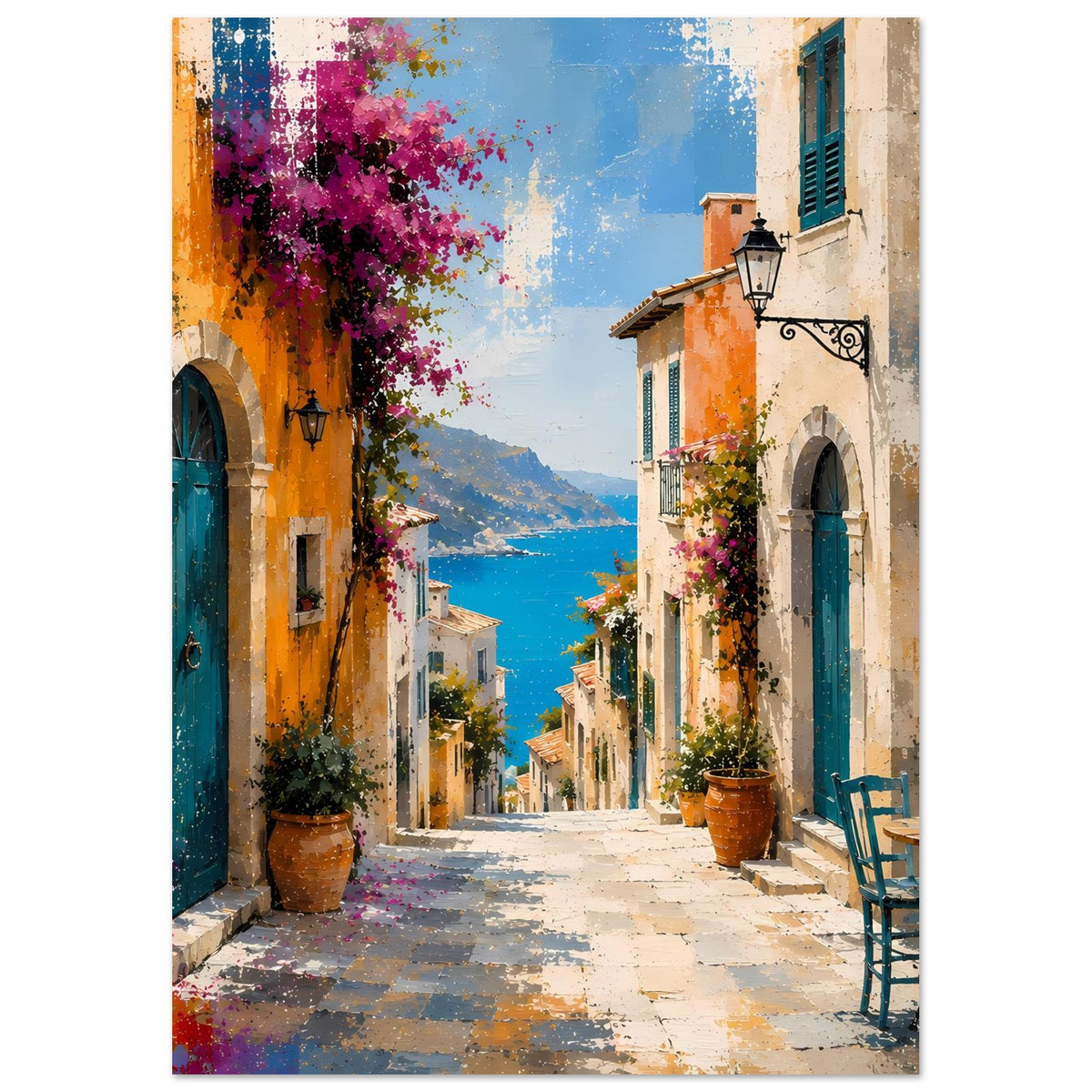 Mediterranes Gassen-Poster: schmale Gasse mit blauen Fenstern, Meer im Hintergrund und Blüten