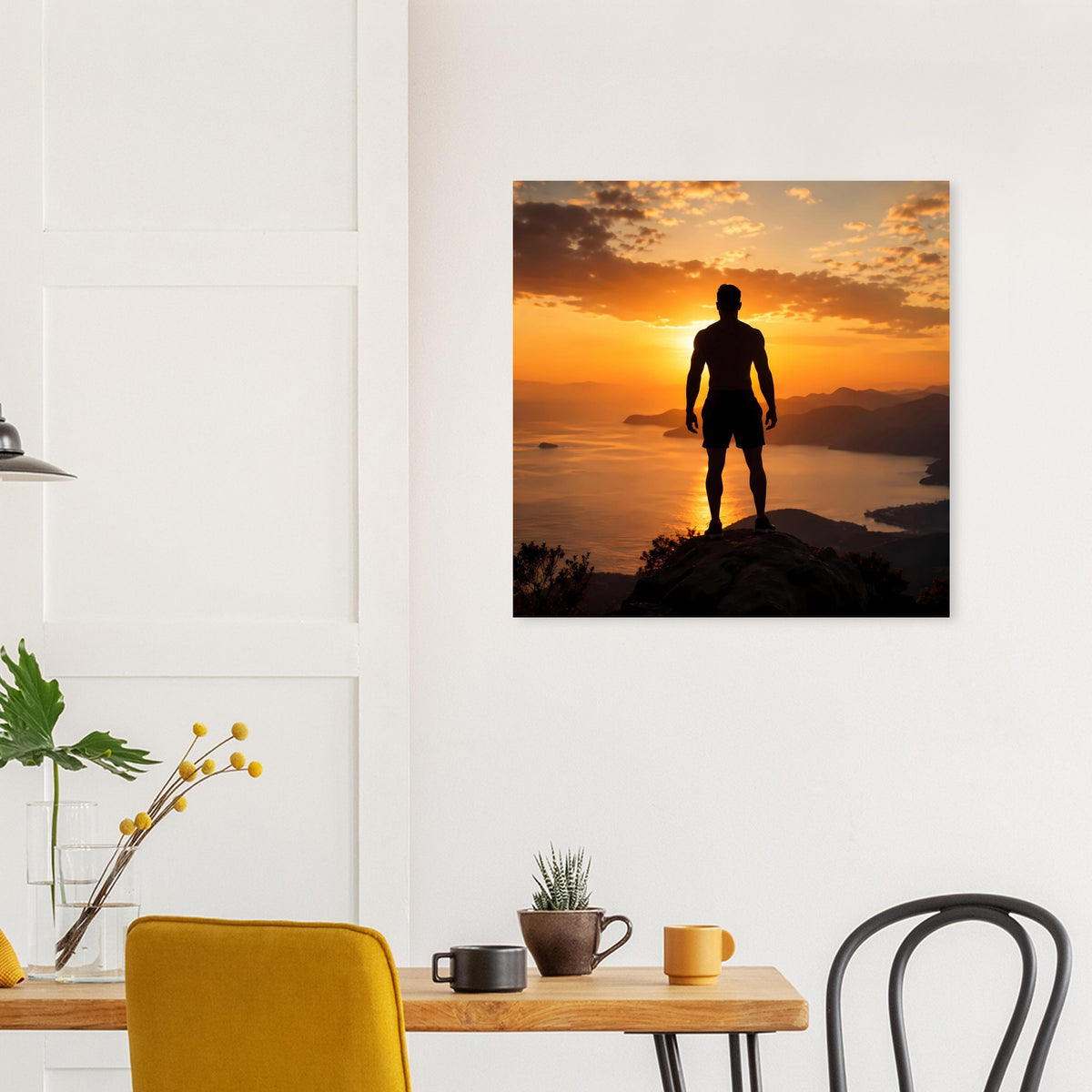 Quadratisches Wandposter mit Silhouette eines Mannes auf Felsen bei untergehender Sonne