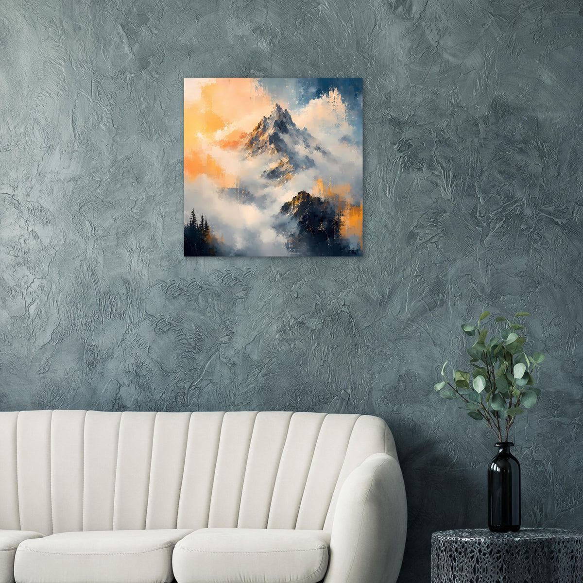 Poster mit Bergpanorama und Sonnenaufgang, gemalte Optik auf Papier