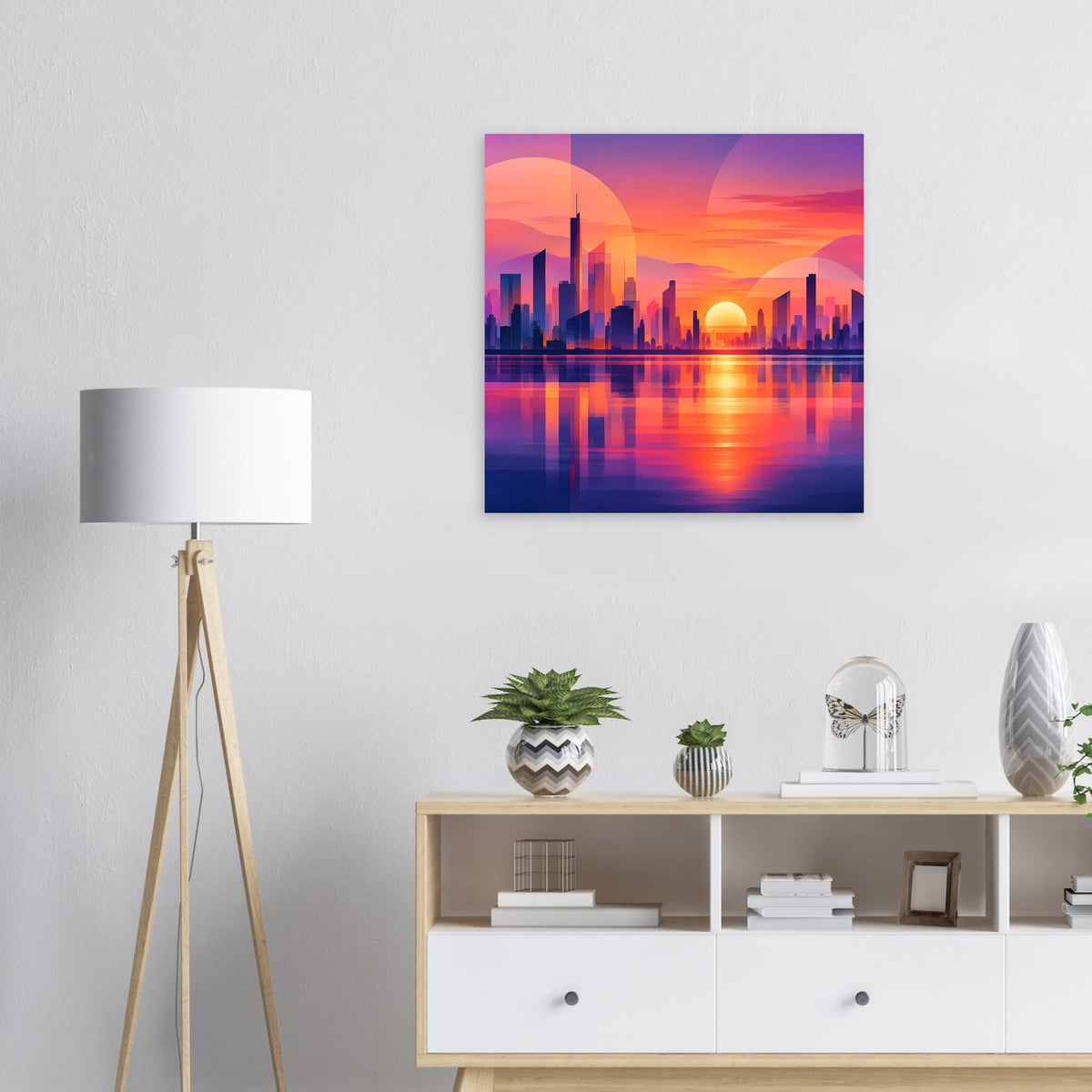 Quadratisches Stadtposter mit Skyline-Silhouette, Sonnenuntergang und Wasserspiegelung