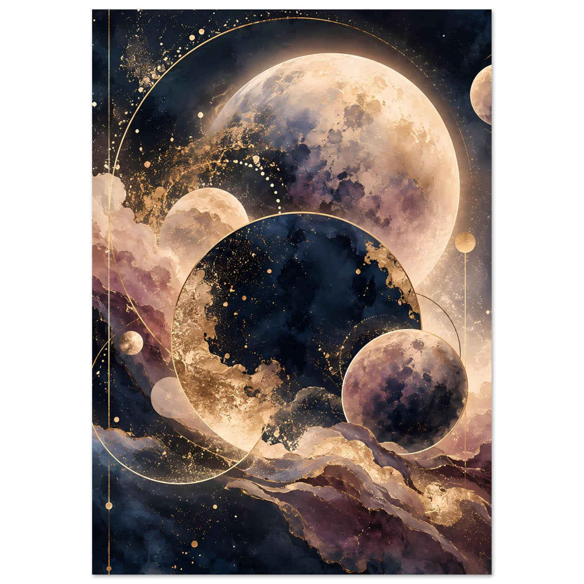 Poster im Hochformat: goldfarbene Umlaufbahnen, mehrere Planeten vor dunklem Sternenhimmel
