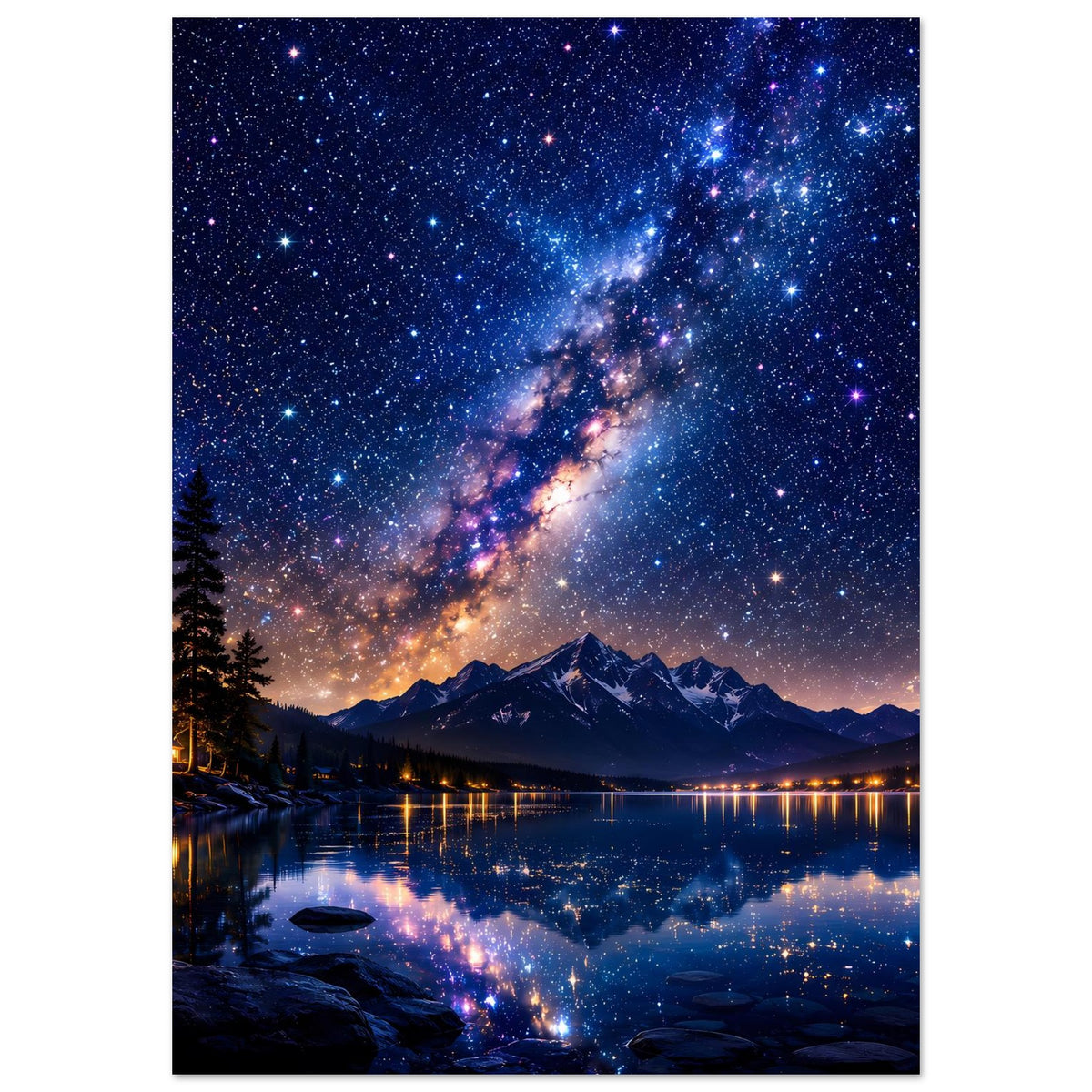 Wandposter (vertikal) mit Milchstraße über Bergsee, funkelnde Sterne und Wasserreflexion