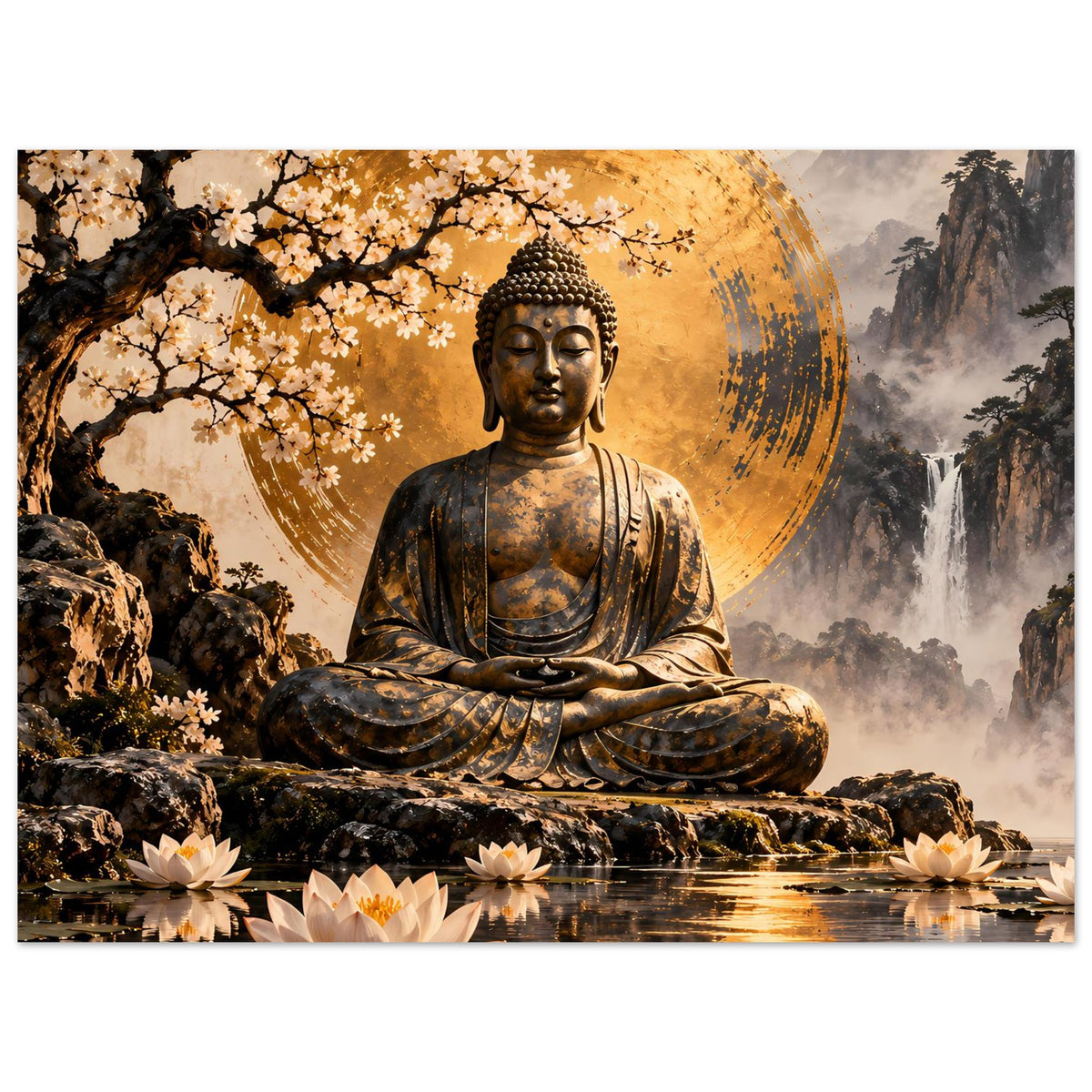 Meditierender Buddha und goldene Aura, Bergnebel, Kirschblüten links, Lotus am Wasser