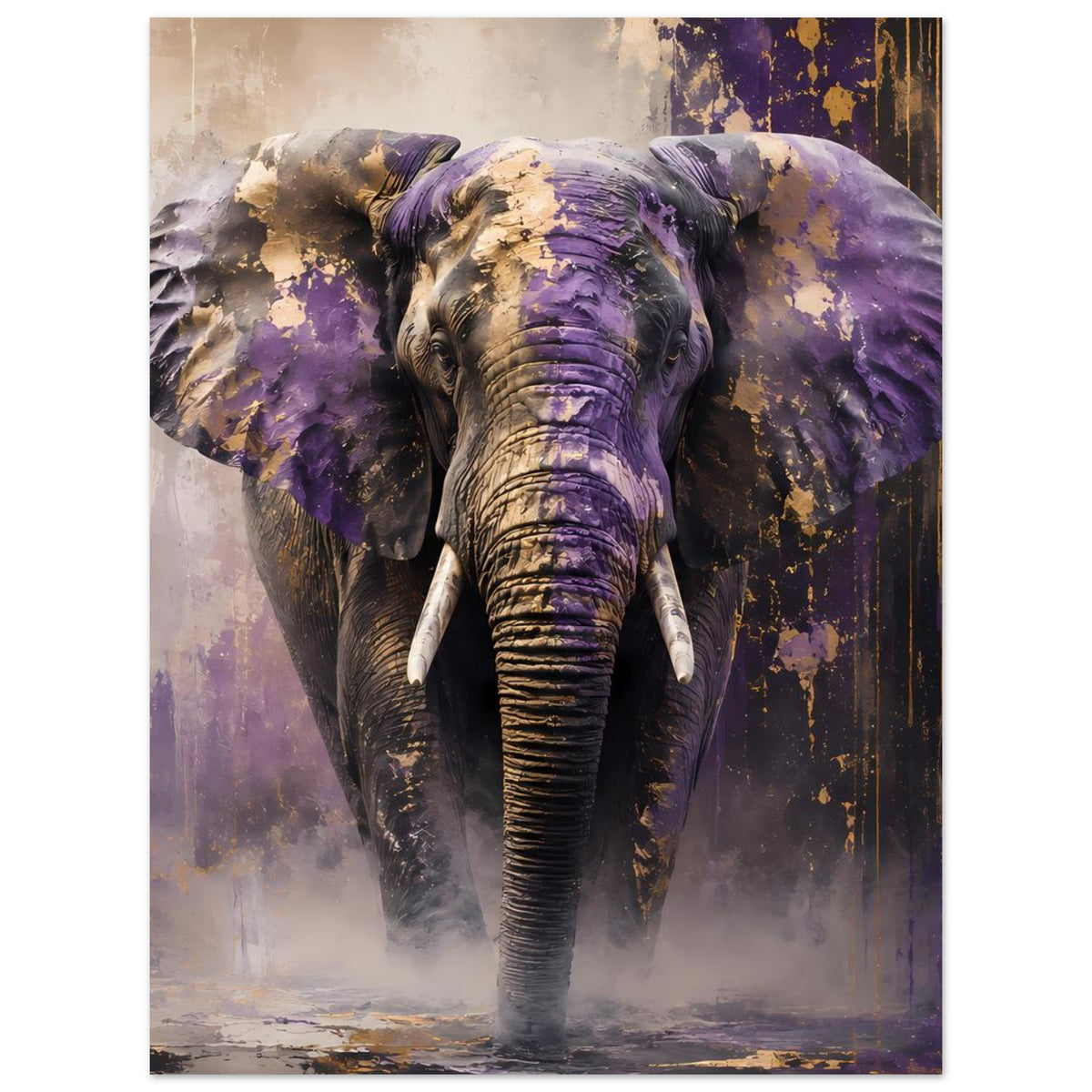 Abstraktes Tierposter: ganzer Elefant mit lila Farbakzenten und goldfarbenen Flecken