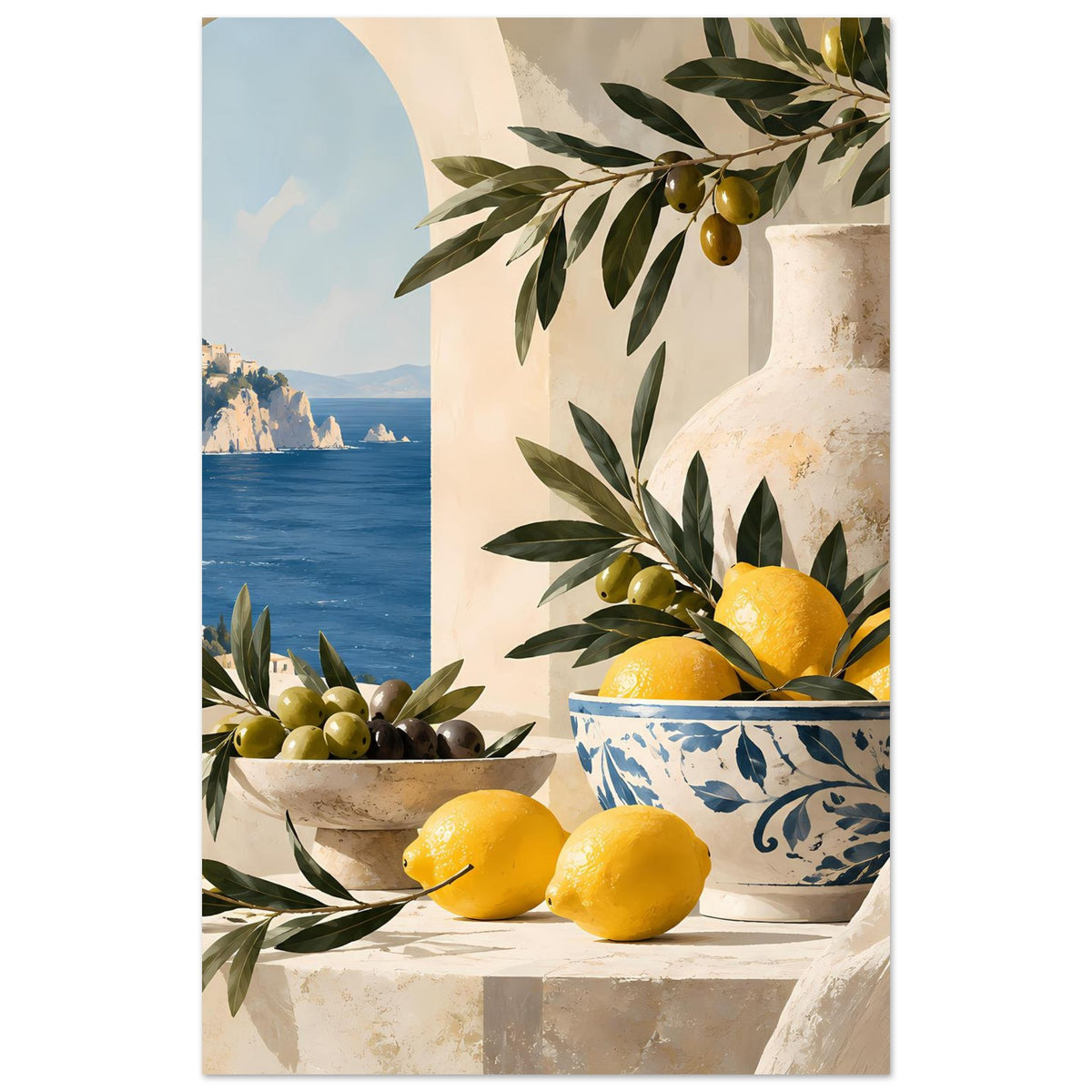 Mediterranes Poster im Hochformat mit Zitronen, Olivenzweigen, Vase und Schale