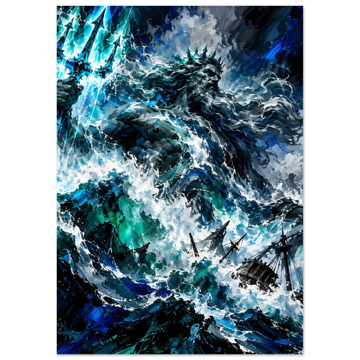 Meeressturm-Poster (Hochformat) mit Poseidon-ähnlicher Figur und weißen Schaumwellen