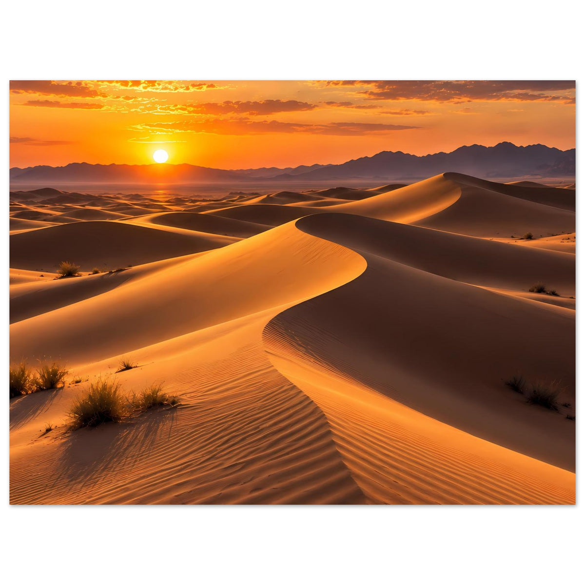 Wüstenlandschafts-Poster mit Sanddünen und Sonnenuntergang, warmes Orange, horizontal