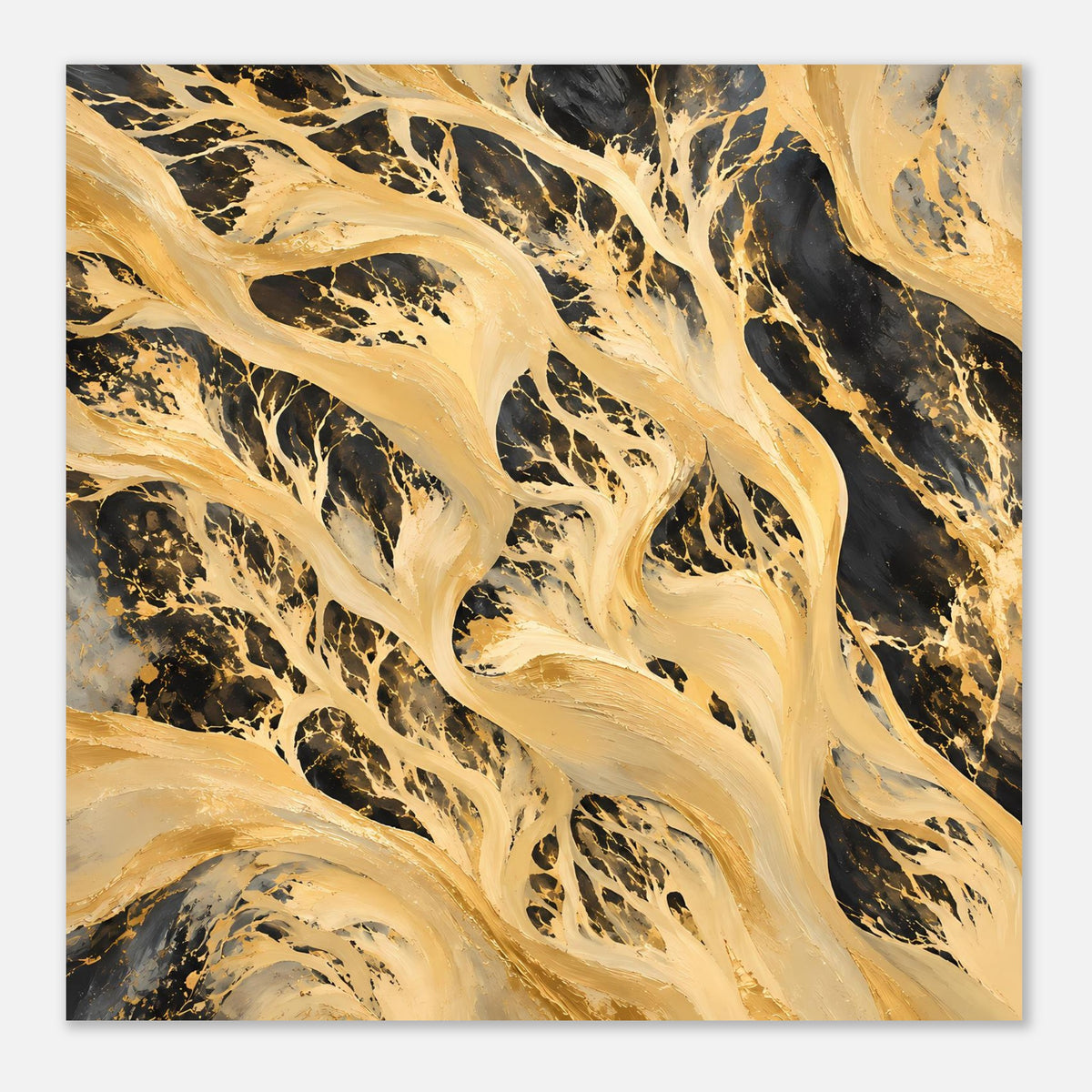Großformatiges Querformat-Kunstposter mit goldenen und schwarzen Fließadern
