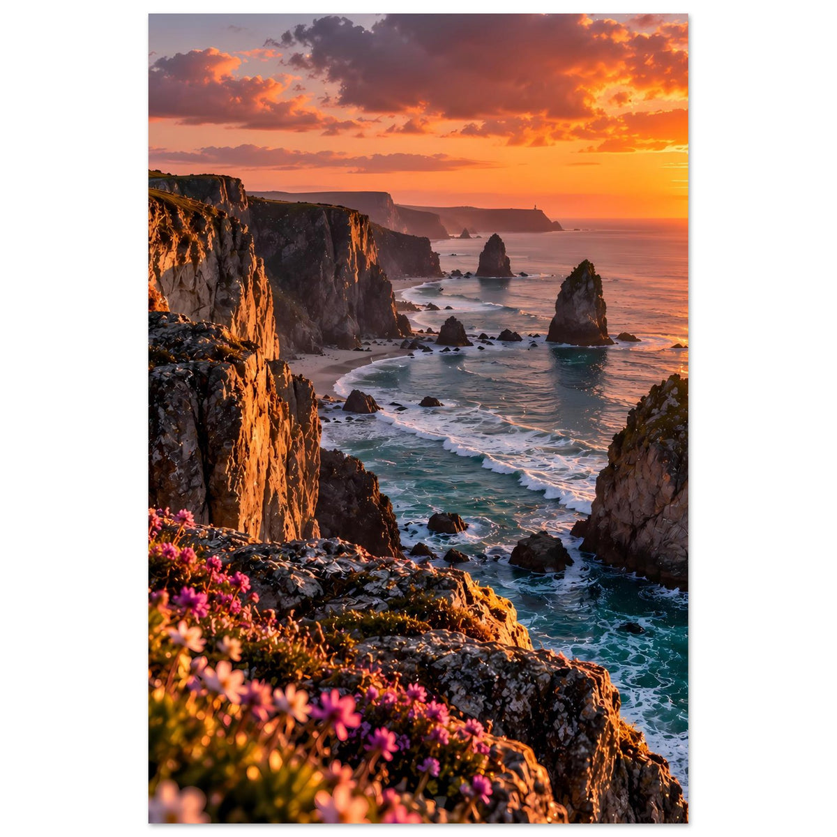 Poster mit Sonnenuntergang am Meer, Küstenklippen und Wellen, vertikale Ausrichtung