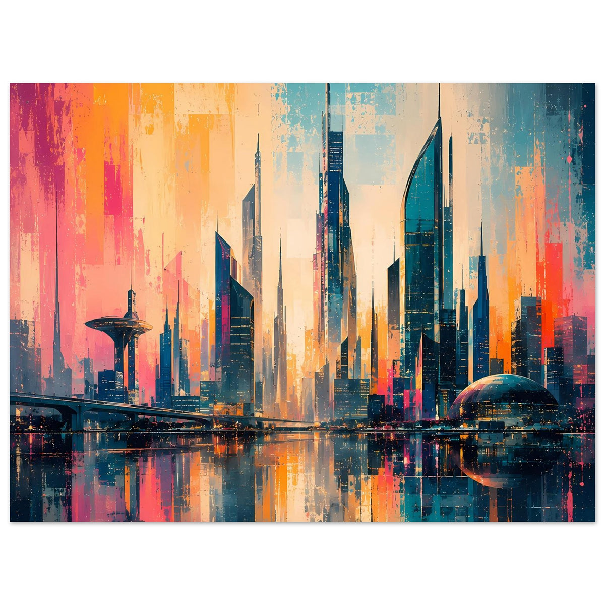 Horizontales Stadtbild-Poster mit futuristischem Turmensemble und Kugelkuppel
