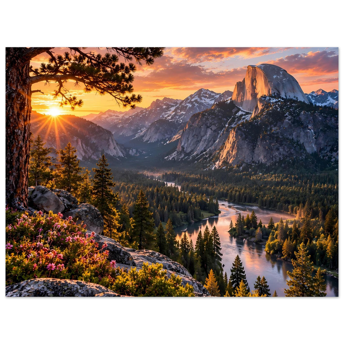 Poster mit Berglandschaft bei Sonnenaufgang, Fluss und Nadelwald, großer Felsblock vorn