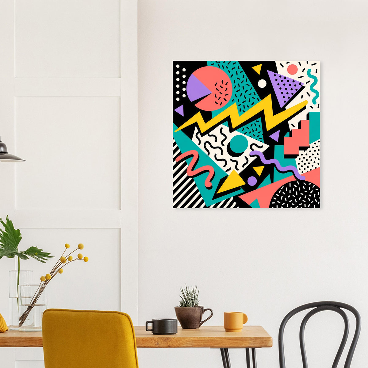 Quadratisches Wandposter mit abstrakten Wellen, Dreiecken und Punkten in Neonfarben