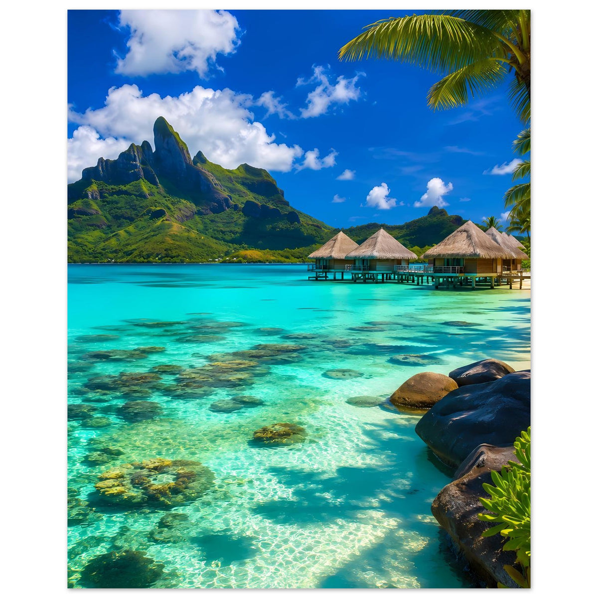 Strandposter tropisches Paradies: türkisfarbenes Meer, Steg, Palme im Bildrand