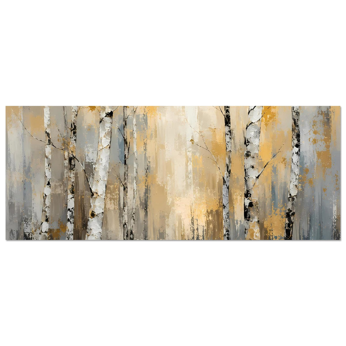 Horizontales Poster mit abstraktem Birkenwald, goldene Akzente und graue Baumstämme