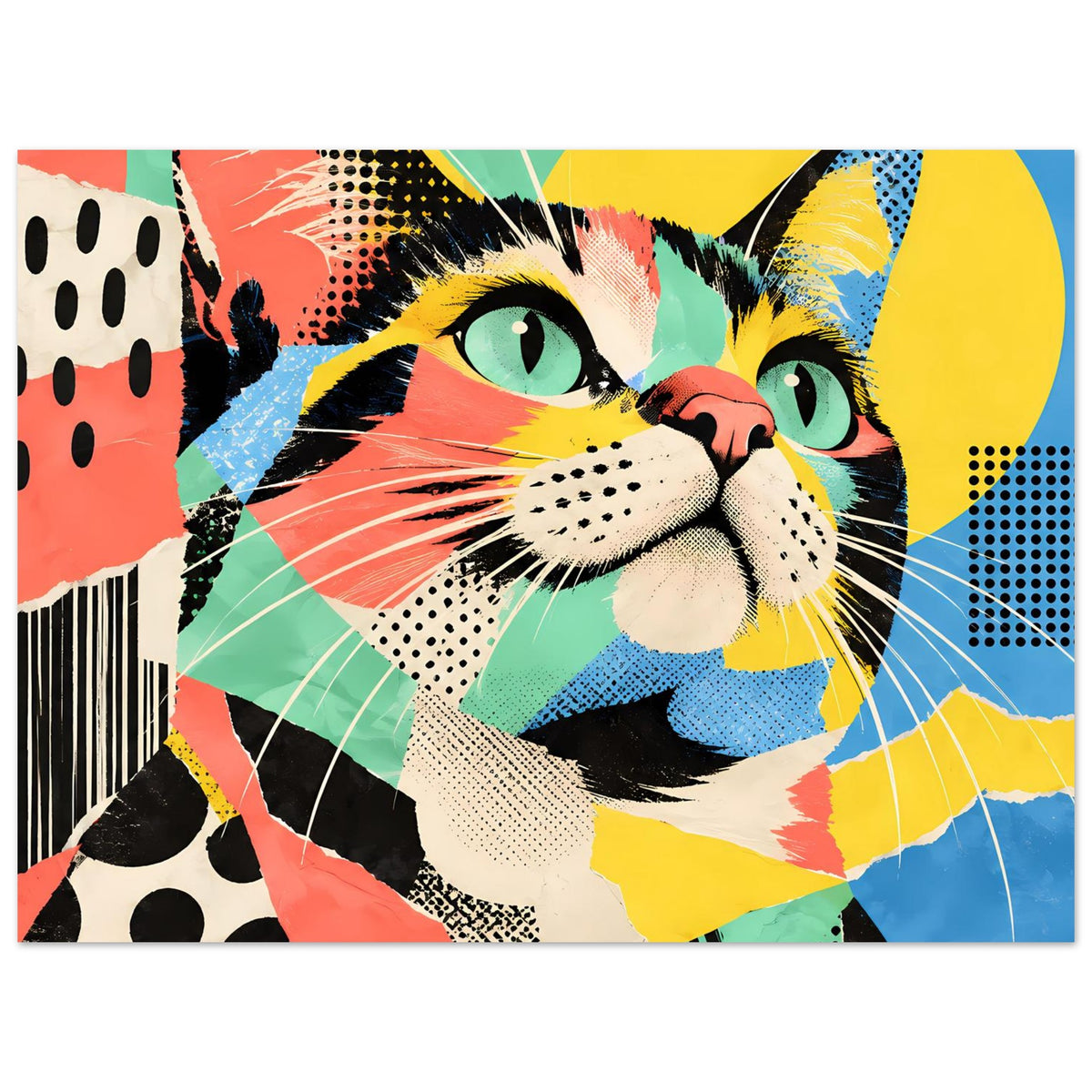 Pop-Art-Katzenposter mit farbigem Katzenportrait und Streifen-/Punktoptik, Querformat