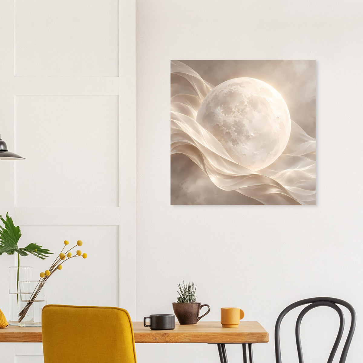 Quadratischer Druck mit großem Vollmond und transparent wirkenden, fließenden Bahnen
